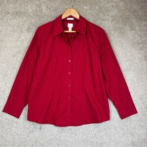 Chicos Shirt Womens 2 Red Polka Dot Button Up Long Sleeve No Iron Cotton- 3528